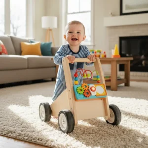 Colorful illustration of a baby walker activity tray with toys to keep infants engaged while stationary on carpet.