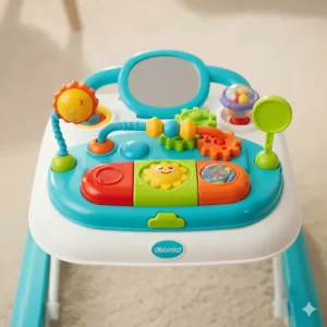 Top-down view of a removable activity tray on a baby walker featuring musical buttons, spinning gears, and a colorful rattle.