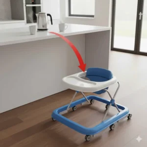 A kitchen safety illustration showing a baby walker near a counter with a hot tea kettle and steaming mugs.