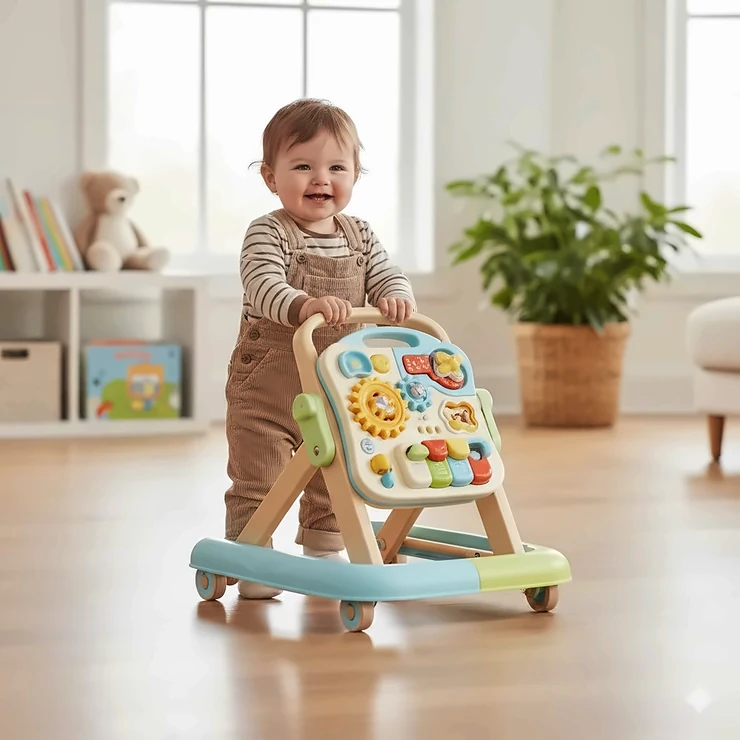 A smiling toddler using a colorful sit-to-stand baby walker on a wooden floor. baby walker buying guide