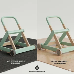 Illustration showing the best wheel types for baby walkers on both carpeted and hardwood floor surfaces.