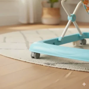 Large, sturdy wheels of a baby walker moving smoothly from a hardwood floor to a low-pile carpet.
