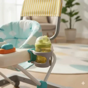 A universal clip-on cup holder attached to a baby walker frame holding a toddler sippy cup.