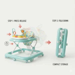 Close-up illustration showing how to collapse a foldable baby walker for compact storage.