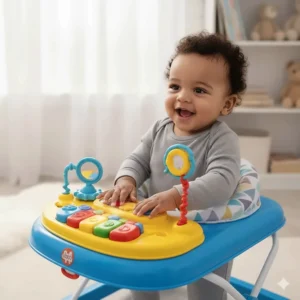 Detailed view of an interactive play tray on a budget-friendly baby walker featuring lights, music, and spinning gears.
