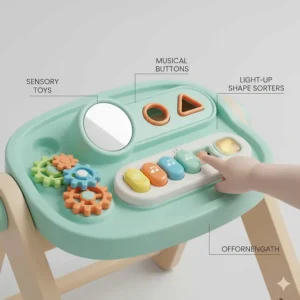 Illustration of a baby walker activity center with sensory toys, buttons, and lights for cognitive development.