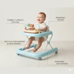 Illustration showing a baby with correct posture and flat feet while using a seated baby walker.