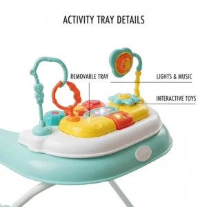 An interactive toy tray on a foldable baby walker with colorful buttons, lights, and music features.