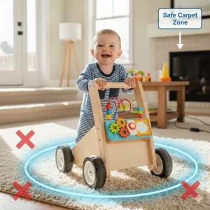 Graphic showing a safe, flat carpeted area away from stairs and obstacles for baby walker use.