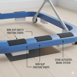 Diagram highlighting the non-slip safety friction strips on the base of an adjustable height baby walker.