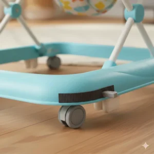 Close-up of non-slip friction strips and wheel brakes on a baby walker for 6 month old safety.