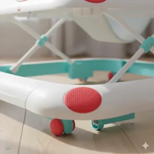 Close-up illustration of rubberized safety brakes and anti-skid friction strips on the base of a budget baby walker.