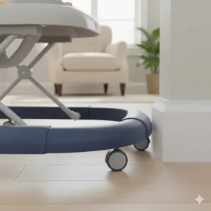 Soft foam bumper guards attached to the base of a baby walker to prevent furniture scratches.
