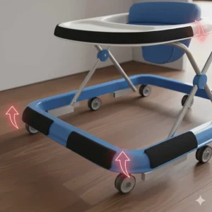 Technical detail of the base of a baby walker showing rubber friction strips designed to stop the walker at edges.
