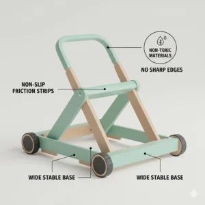 Illustration highlighting essential safety features like non-slip friction strips and wide base frames.