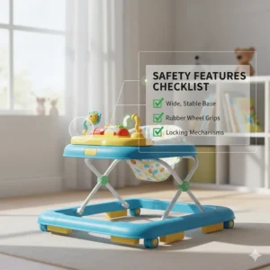 Illustration showing safety features of a baby walker under $100, including sturdy frames and rubber wheel grips.
