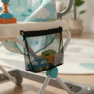 A mesh storage net accessory hooked onto a baby walker for carrying diapers and small toys.