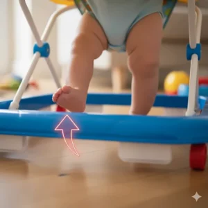 Close-up of a baby's feet in a walker showing the child pushing up on their toes, illustrating improper walking posture.