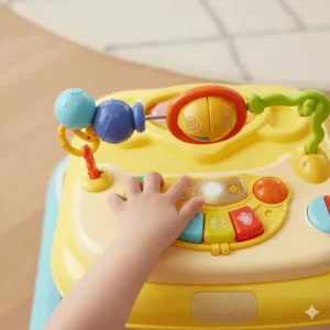 Top-down view of a removable electronic toy tray on a walker for a 6 month old boy or girl.