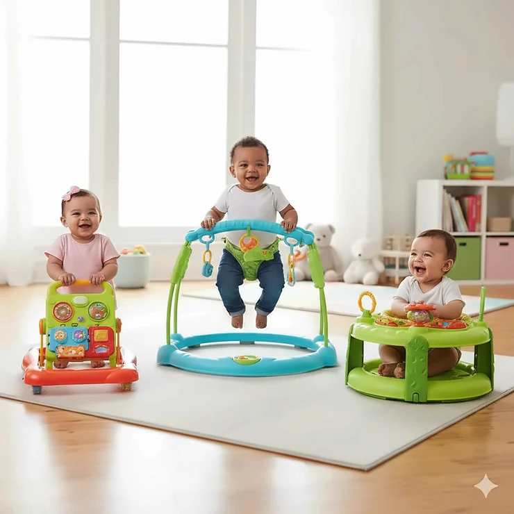 A side-by-side comparison of a traditional baby walker, a stationary jumper, and an activity exersaucer to show the differences in design and mobility. walker vs jumper vs exersaucer