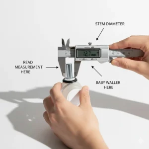 Technical illustration showing how to measure the stem size for baby walker replacement wheels.