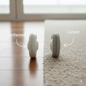 Close-up of baby walker wheels designed for smooth movement on both carpet and hardwood floors.