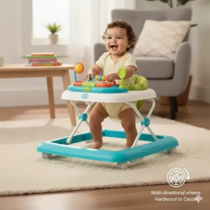 Illustration of multi-directional wheels on a baby walker transitioning from hardwood flooring to a low-pile area rug.