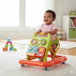 An illustration of a classic baby walker with a wheeled base and an activity tray.