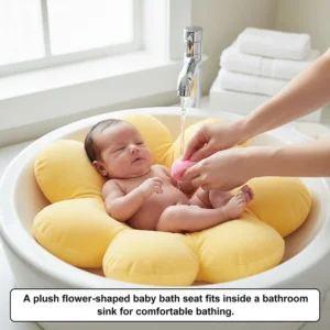 A plush flower-shaped baby bath seat fits inside a bathroom sink for comfortable bathing.