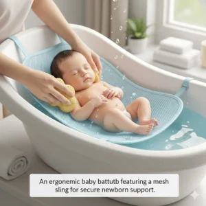 An ergonomic baby bathtub featuring a mesh sling for secure newborn support.