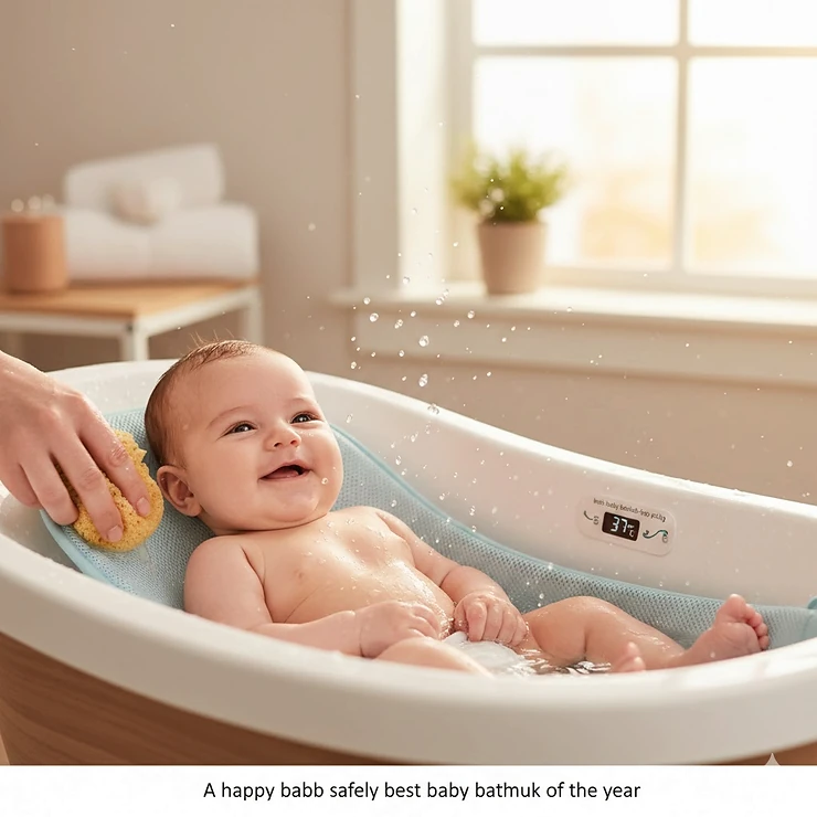 A happy newborn safely reclining in the best baby bathtub of the year during a gentle sponge bath.