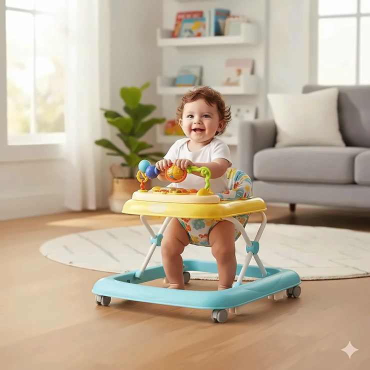 A happy 6 month old infant sitting in a colorful sit-to-stand baby walker on a wooden floor.