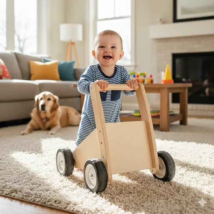 A happy toddler using a sturdy baby walker with large wheels on a plush living room carpet. baby walker for carpet