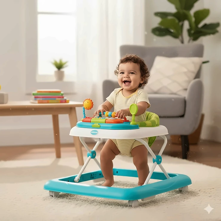 A happy infant using a colorful sit-to-stand baby walker on a living room carpet, representing affordable top-rated walkers under 50 dollars. best baby walker under $50