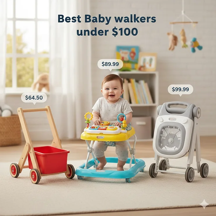 A collage of three top-rated baby walkers under $100, featuring a seated activity walker and a wooden push toy. baby walker under $100