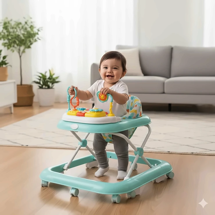 A premium foldable baby walker with an activity tray and adjustable height settings, shown in a modern living room. best foldable baby walker