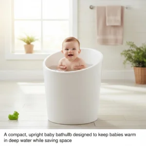 A compact, upright baby bathtub designed to keep babies warm in deep water while saving space.