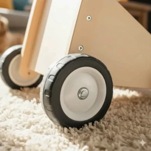 Close-up illustration of oversized rubber wheels designed to roll smoothly on carpeted floors.