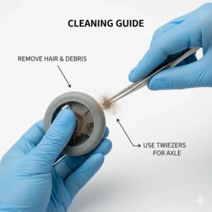 Illustration showing how to remove hair and debris from baby walker wheels to maintain smooth movement.