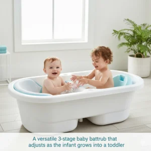 A versatile 3-stage baby bathtub that adjusts as the infant grows into a toddler.