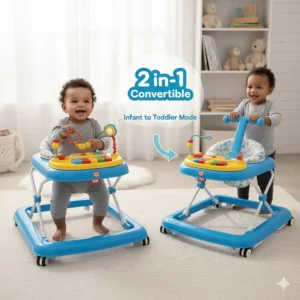A 2-in-1 convertible baby walker transitioning from a seated infant walker to a standing push toy.