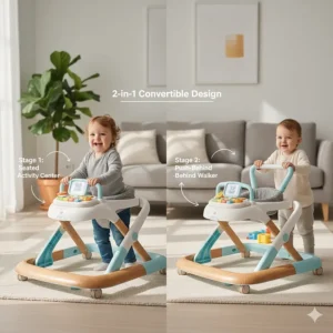 A 2-in-1 smart walker converting from a seated activity center to a push-behind learning walker.
