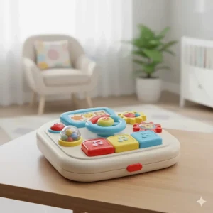 A removable activity tray for a baby walker featuring colorful buttons, gears, and musical toys.