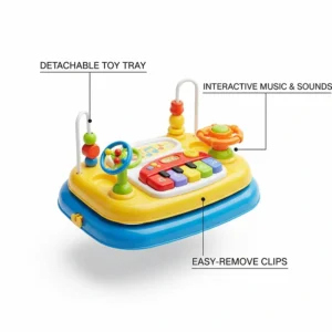 Detailed illustration of a removable music and toy tray attached to an adjustable height baby walker.
