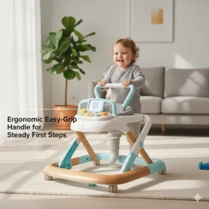 Illustration of an ergonomic easy-grip handle on a smart push walker designed for steady first steps.