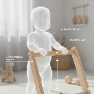 Diagram showing the correct ergonomic handle height on a push walker for baby to support upright posture.