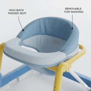 Illustration of the high-back padded seat on an adjustable height baby walker for maximum lumbar support.