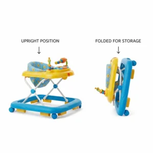 Side-by-side comparison of an adjustable height baby walker in its upright and fully folded positions for easy storage.