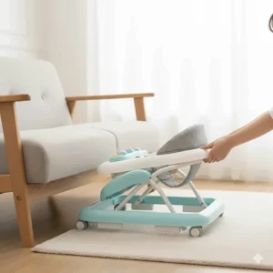 A lightweight, foldable baby walker being tucked away under a sofa to demonstrate space-saving storage.