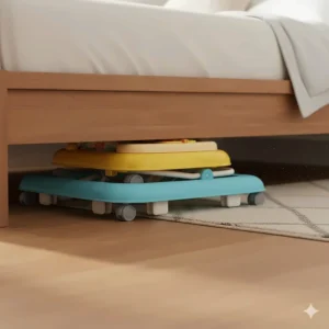 A compact, folded baby walker tucked under a bed to demonstrate easy storage for small spaces.